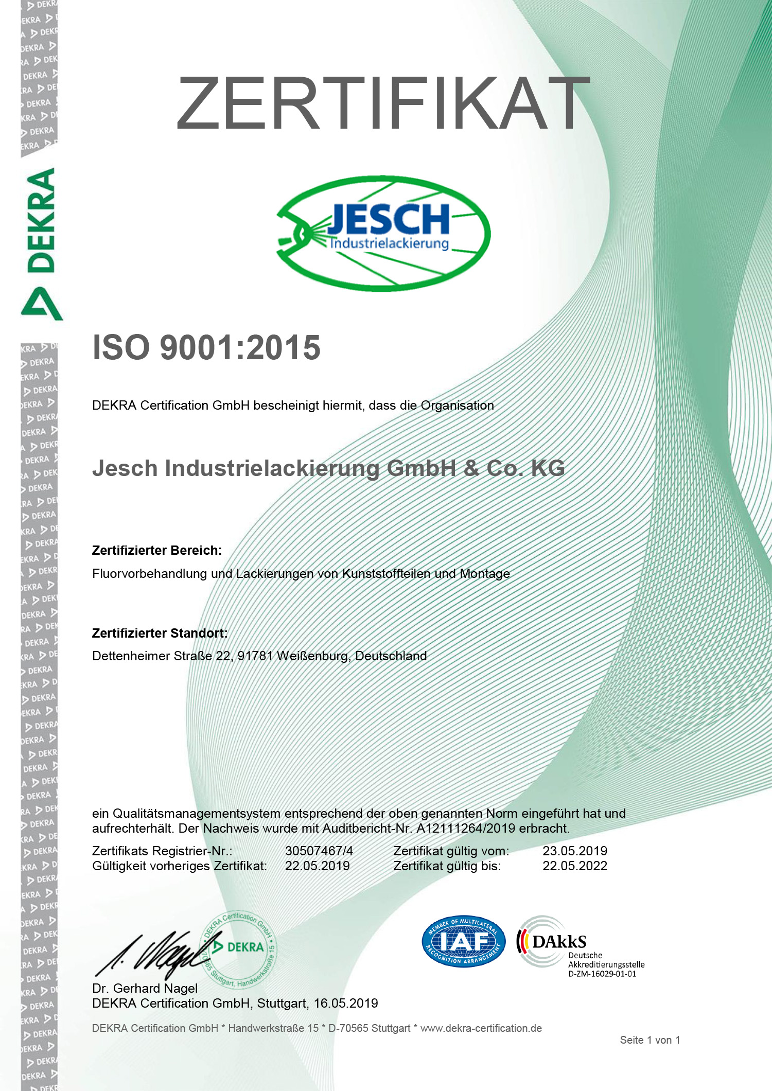 Zertifikat Jesch Industrielackierungen GmbH & Co. KG - ISO 9001:201