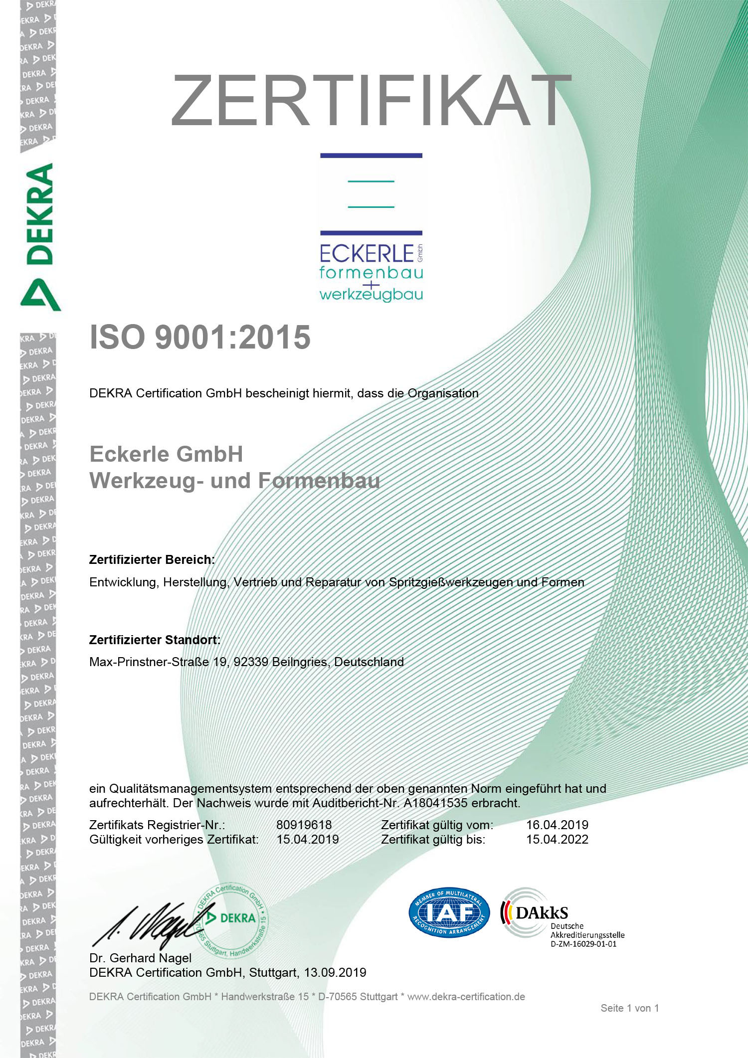 Zertifikat ECKERLE formenbau + werkzeubau - ISO 9001:2015