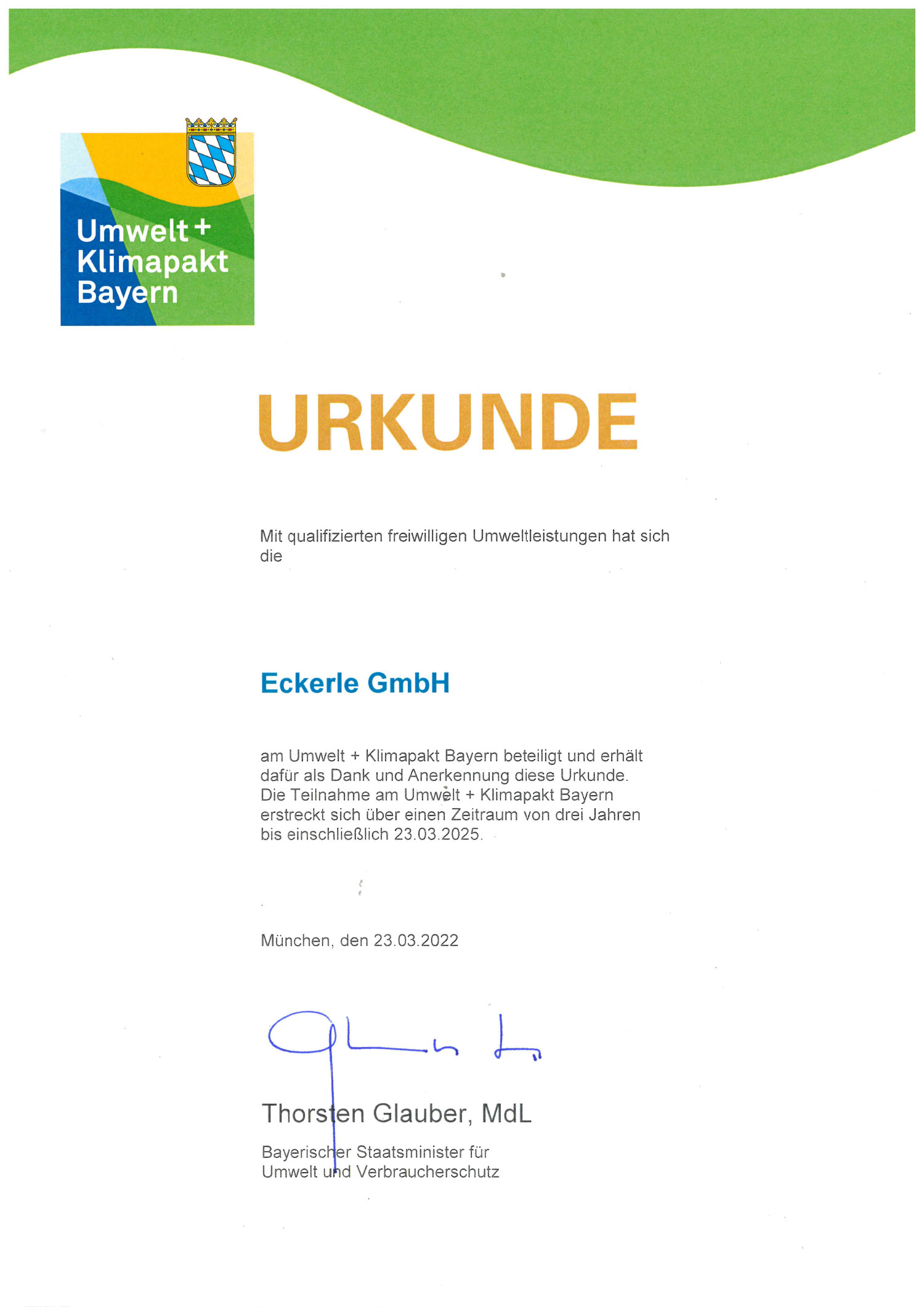 Zertifikat ECKERLE formen- und werkzeugbau - Umweltpakt Bayern