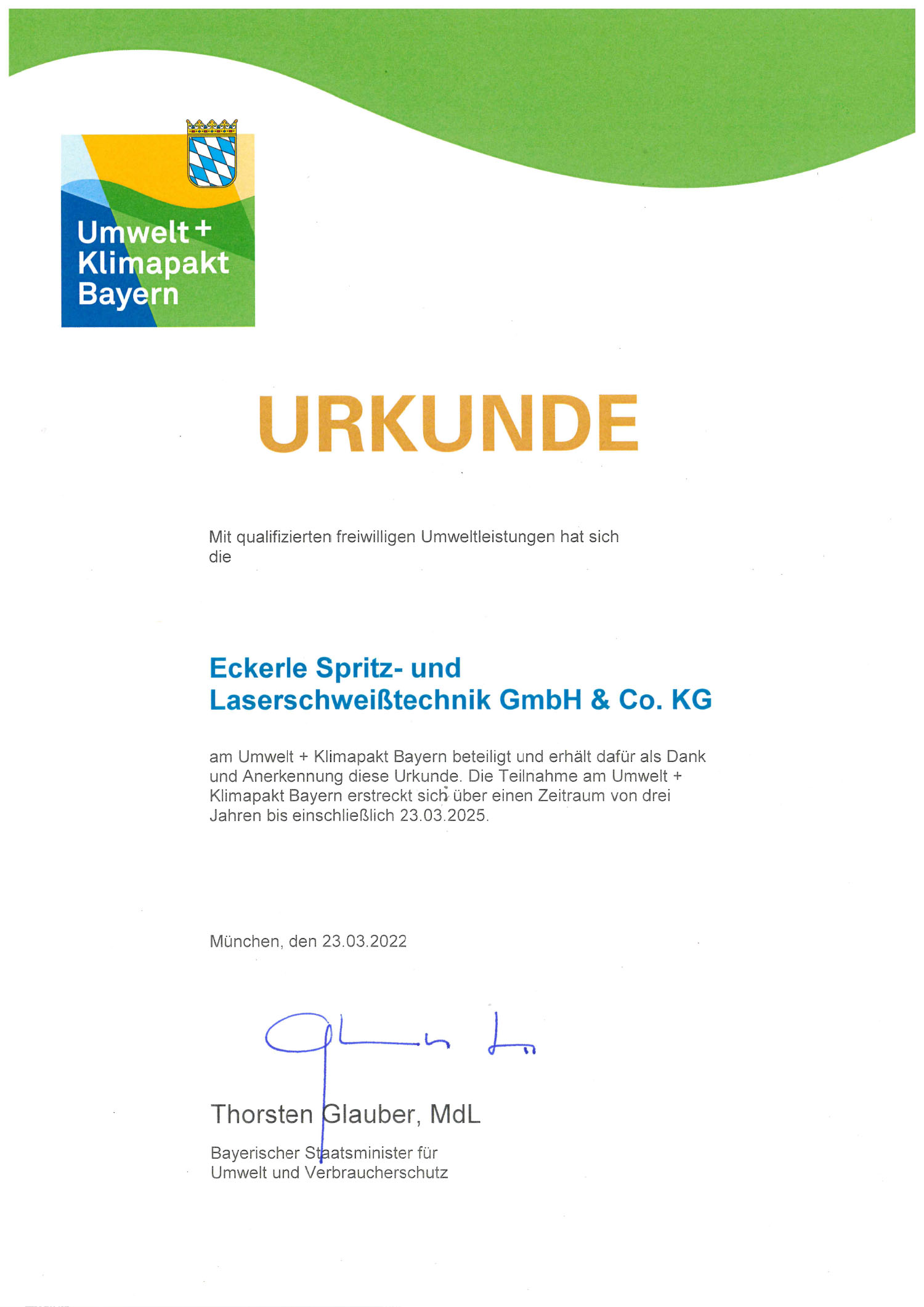 Zertifikat ECKERLE spirz- + laserschweißtechnik - Umweltpakt Bayern