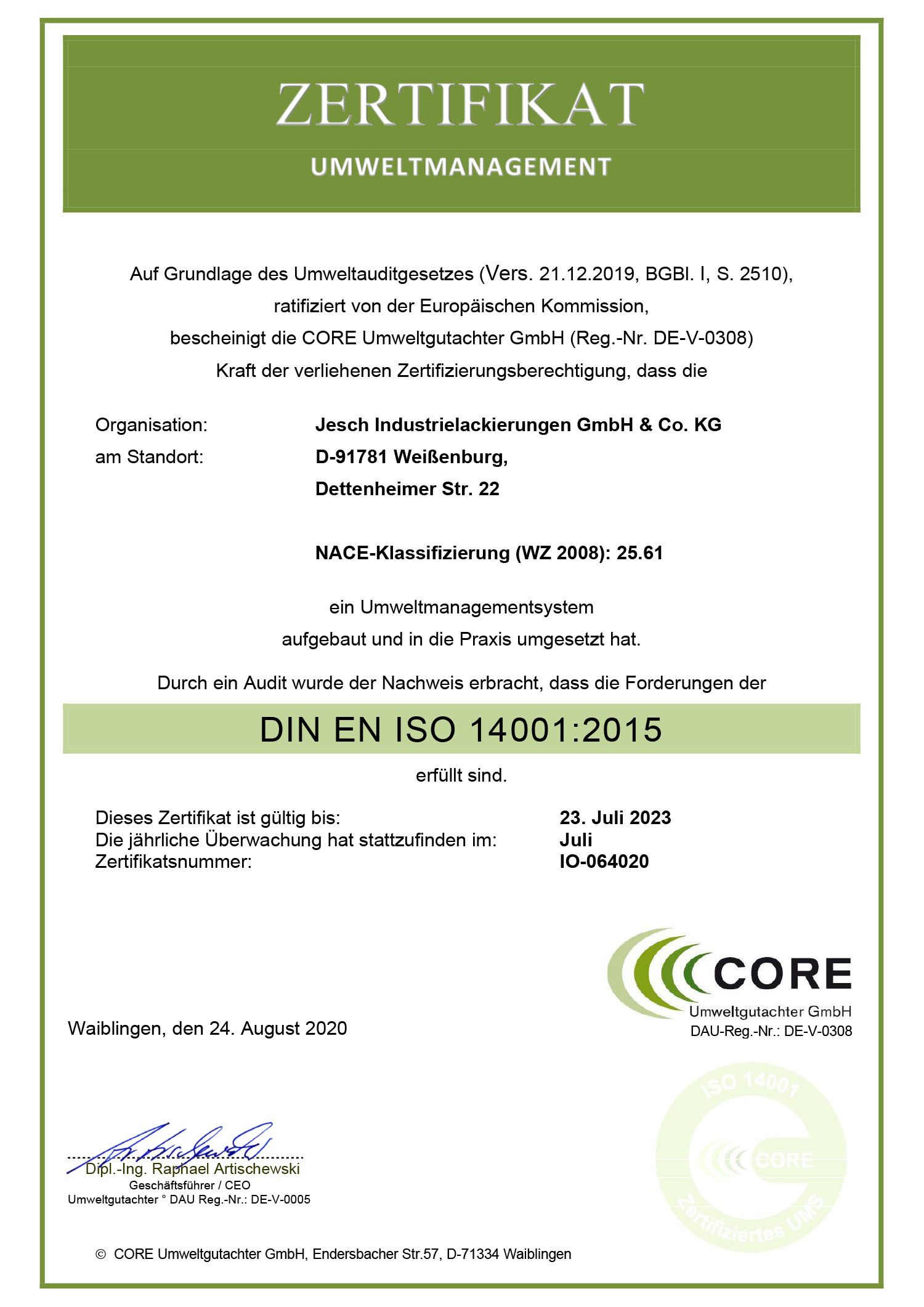 JESCH Zertifikat ISO 14001:2015