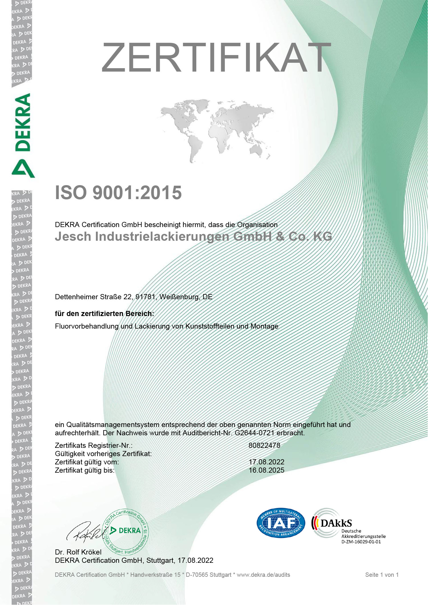 Zertifikat Jesch Industrielackierungen GmbH & Co. KG - ISO 9001:201